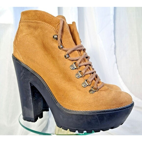 Polo Ralph Lauren Suede Helene Bootie Camel Sz 39 8.5  Platform Lug Chunky Heel - Picture 2 of 16